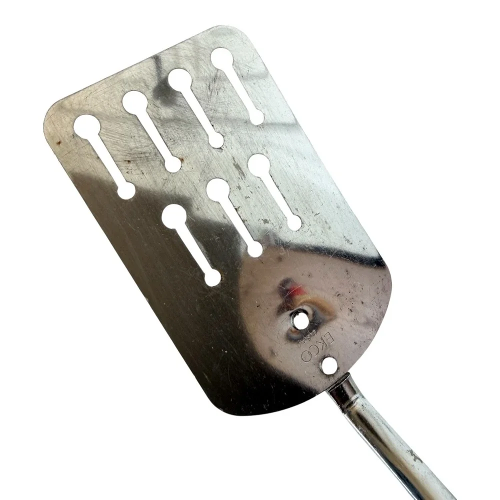 Vintage EKCO Keyhole Slotted Spatula Chromium Plated Black Handle USA